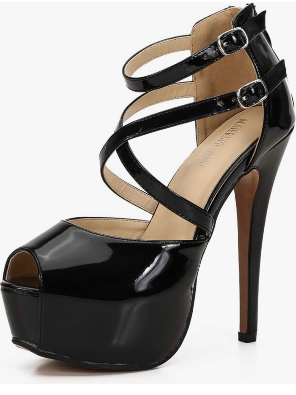 Women’s Ankle Cross Strap Sandals Platform Stiletto Patent Black Size 7